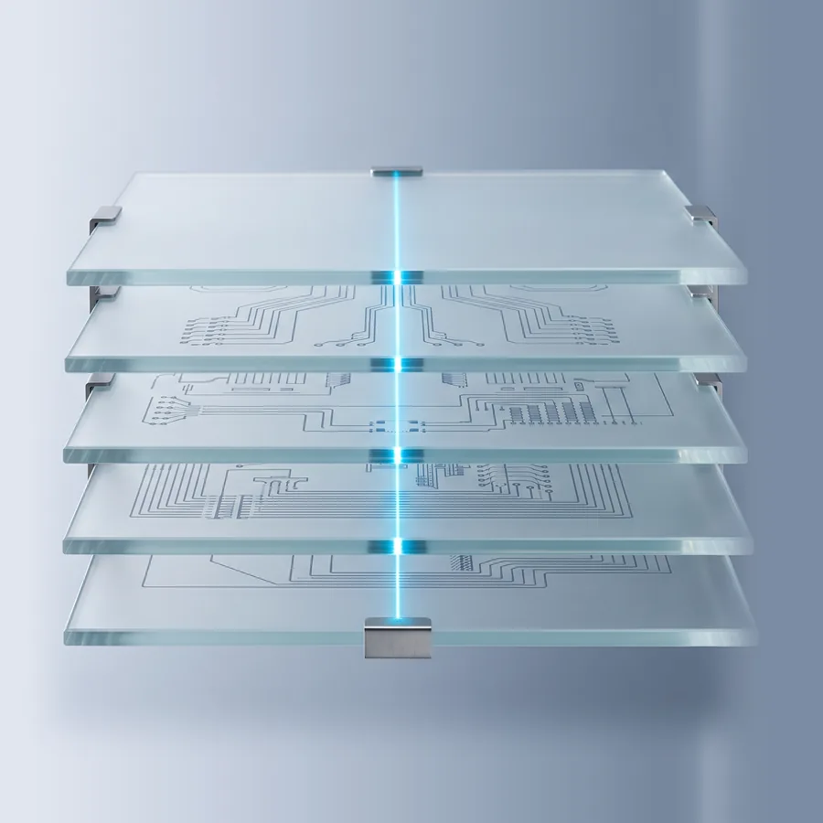 Stacked glass circuit layers joined by a single beam of light, from hardware up to the model.