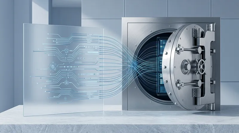 Data lines flowing from a glass panel into an open bank vault.