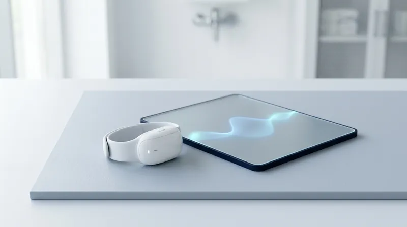 A wearable health sensor beside a tablet showing a live signal waveform.