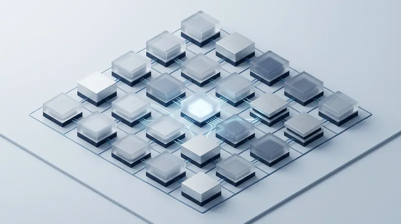 A grid of connected platform modules with one active node routing signals to its neighbours.